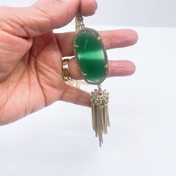 Kendra Scott Long Gold Chain Necklace With Green Oval Pendant & Tassel - Picture 5 of 6